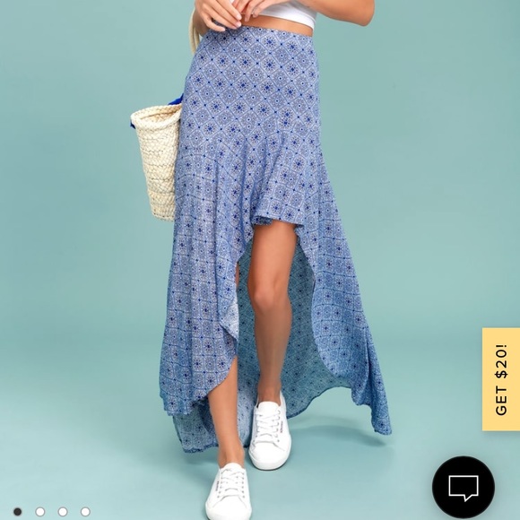 Lulu’s Blue Print High Low Maxi Skirt - Picture 1 of 4